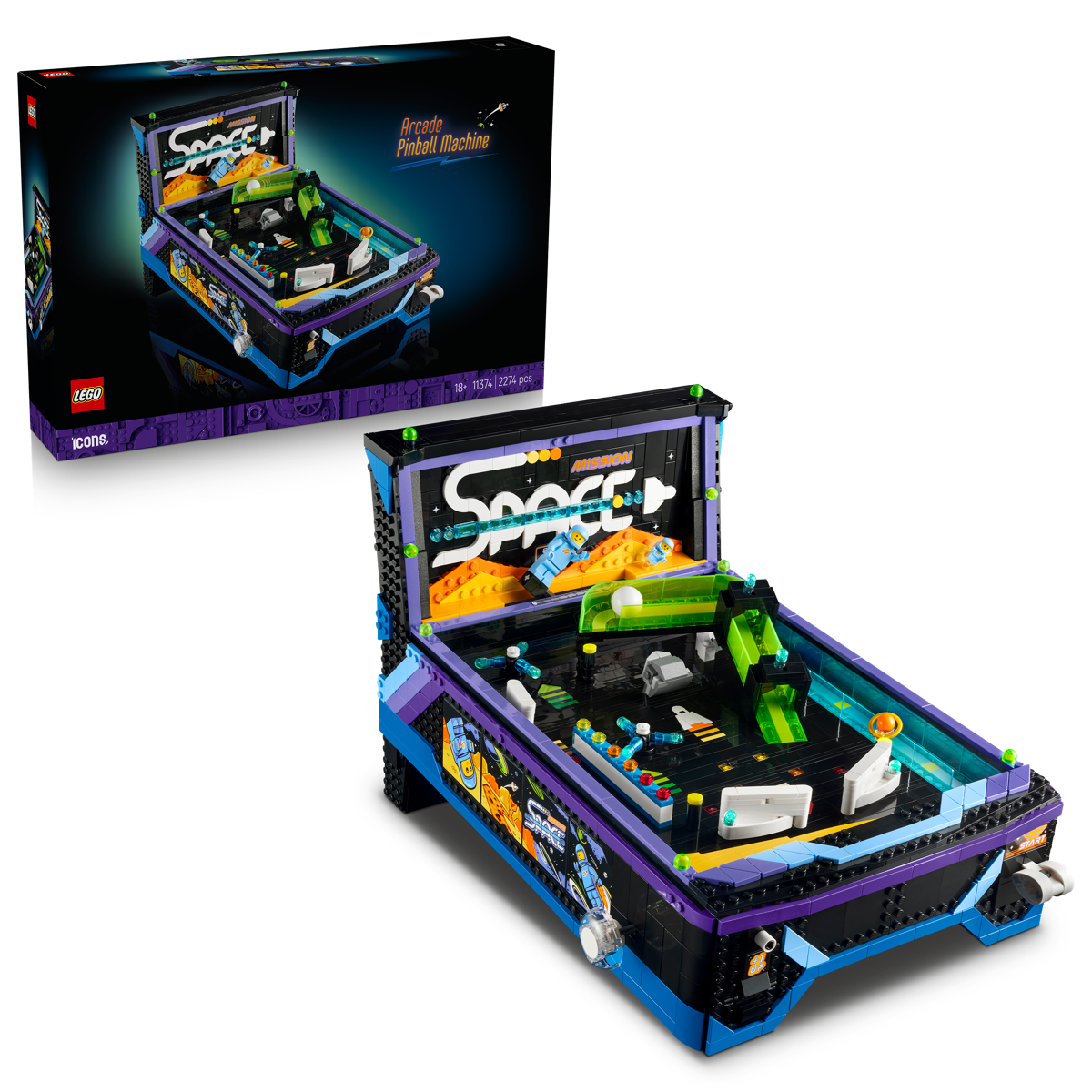LEGO Icons 11374 Arcade Pinball Machine box next to the built model