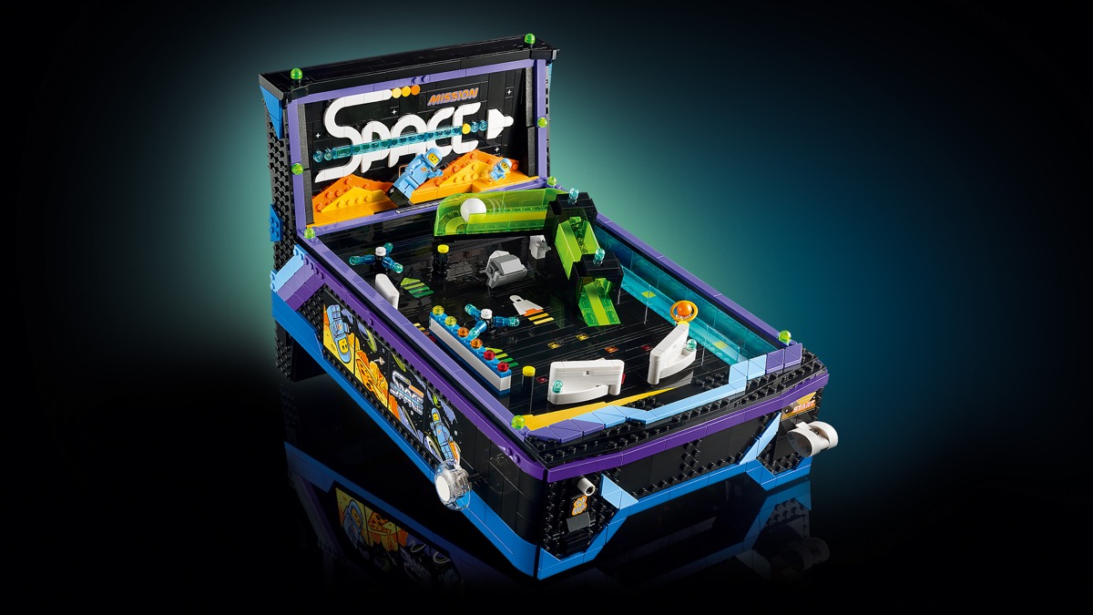 LEGO Icons 11374 Arcade Pinball Machine on a dark promotional background