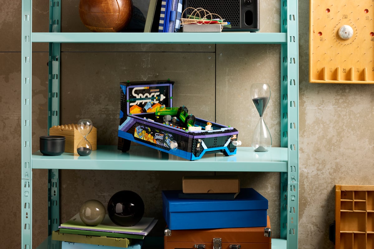 LEGO Icons 11374 Arcade Pinball Machine displayed on a shelf